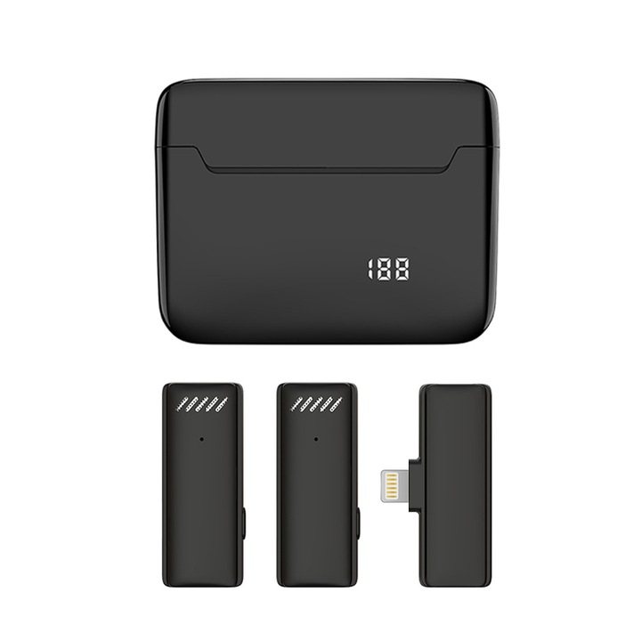 2 db lavalier mikrofon készlet, KINSI, vezeték nélküli, digitális kijelzős, villám, matt fekete