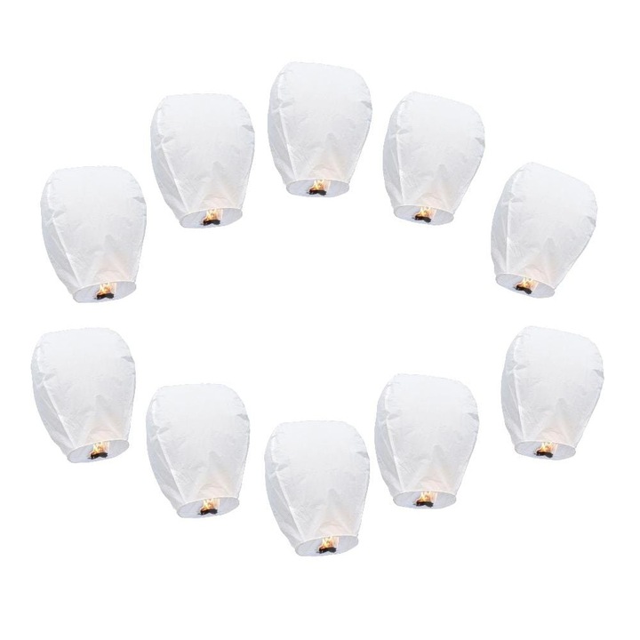 Set 10 Lampioane zburatoare din hartie biodegradabila, culoare Alb