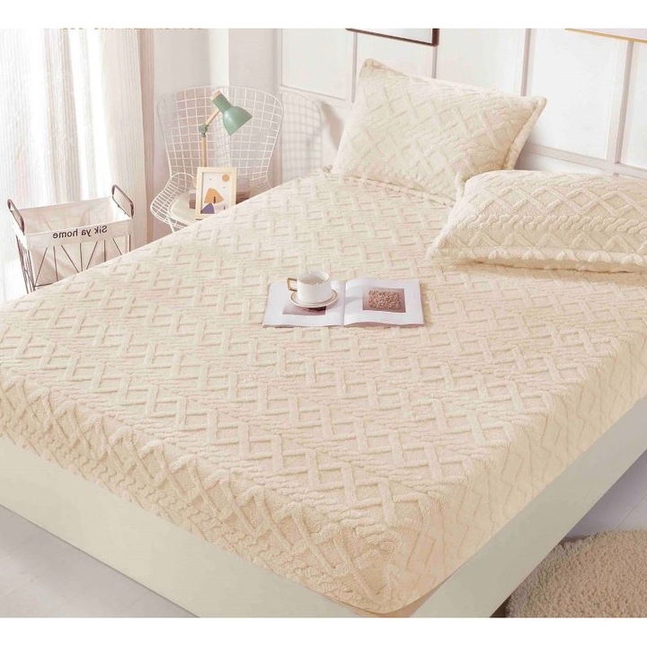 Husa de pat Cocolino si 2 fete de perna, Tricot, Jojo Home, Uni, 3 piese, 2 persoane, 180x200cm, Alb Unt