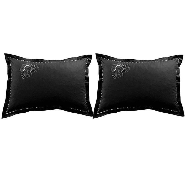 Set 2 x Fata de perna brodate 60 cm x 70 cm, Casa Bucuriei, model Iris, negru, Bumbac 100%