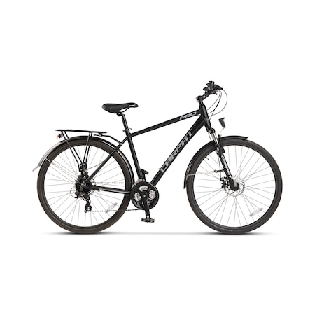 Bicicleta Trekking cu Roti de 28", Suspensie fata, Manete Secventiale, Echipare Shimano, Frane DISC -fata/spate, 24 Viteze, negru/gri, City Bike Carpat Genius Pro cu cadru din Aluminiu