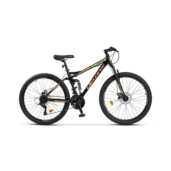 Bicicleta MTB de munte Velors Matador JSX2660, Shimano, suspensie fata/spate Genius, roata 26 inch, frane pe disc, 21 viteze, negru cu portocaliu