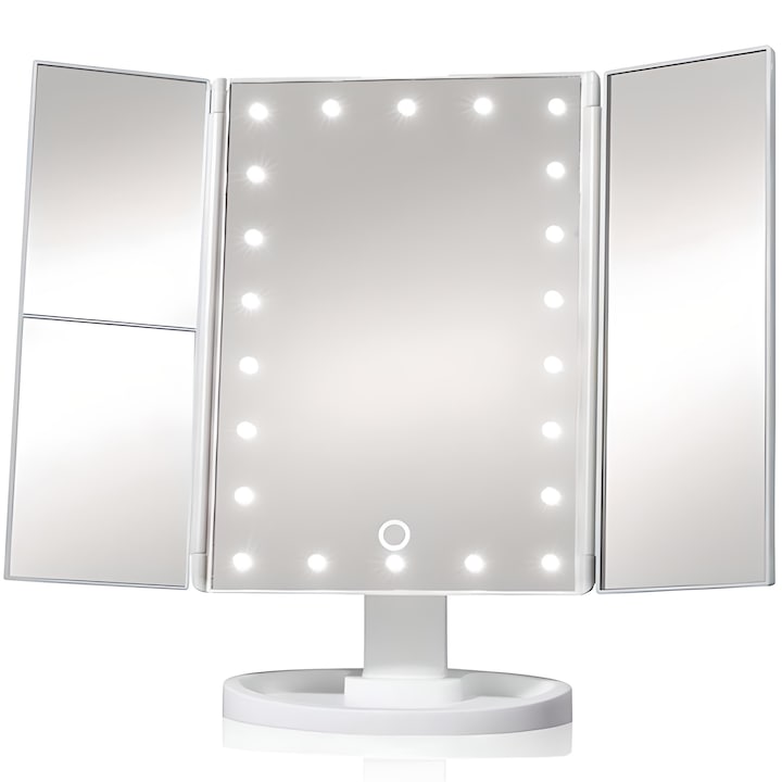 Oglinda pentru Machiaj cu 22 LEDuri si Marire 2x 3x, Pliabila, Rotativa Alimentare USB sau Baterii, Alb