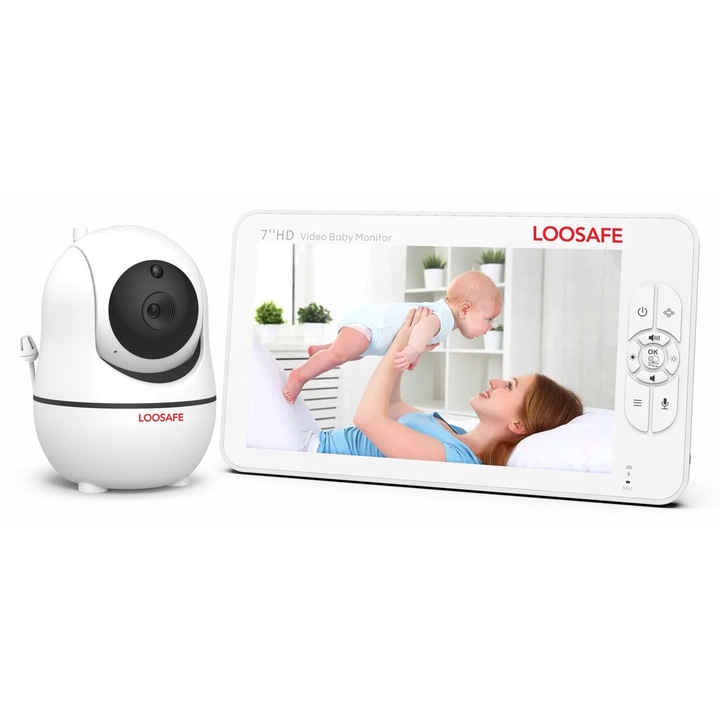 Бебефон WIFI Loosafe® SM70 PTZ, 7 инча HD, видео/аудио, нощно виждане, моторизирано въртене, двупосочна комуникация, температура, песни, 2X увеличение, наблюдение на бебето, бял
