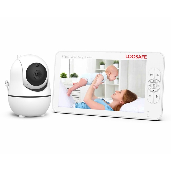 Loosafe SM70 PTZ babafigyelő WIFI, 7 hüvelykes HD, videó/audió, éjjellátó, motoros forgatás, kétirányú kommunikáció, hőmérséklet, dalok, 2X zoom, babafigyelés, fehér