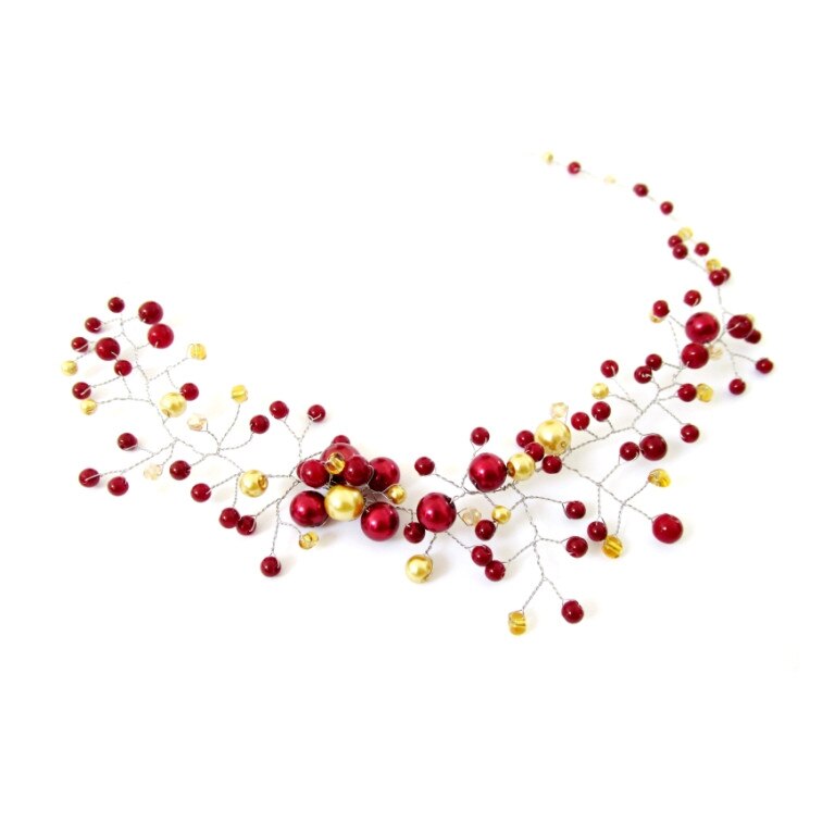 Accesoriu par rosu si auriu asimetric pentru nunta sau evenimente