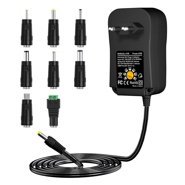 Univerzális AC / DC adapter töltő 8 csatlakozóval, teljesítmény 41W, állítható feszültség 6-24V, 1,5-2A, USB-A port, univerzális kompatibilitás, fekete