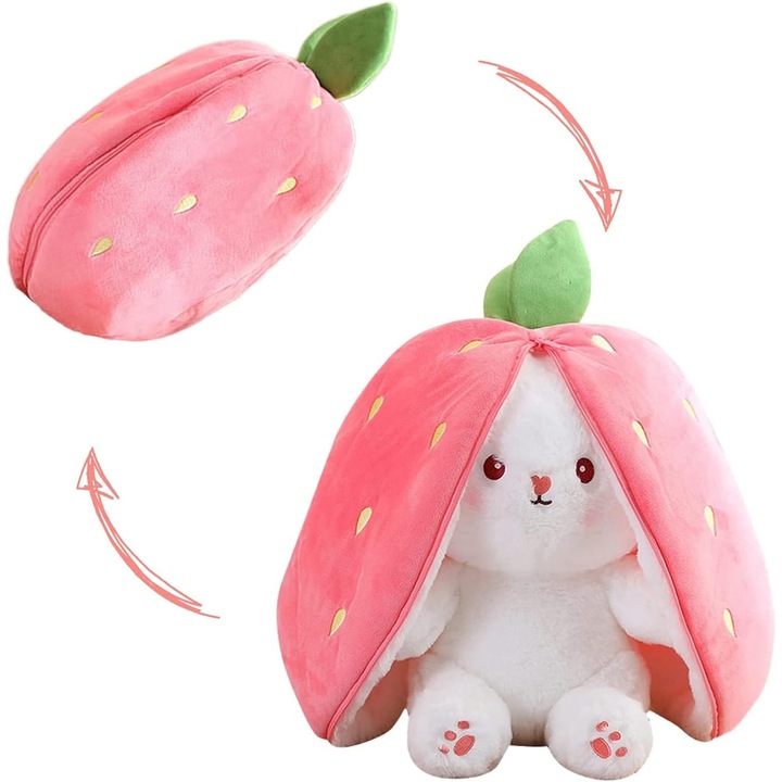 Jucarie de plus Malvys®, Iepurasul Capsunica, Roz/Alb, 45 cm