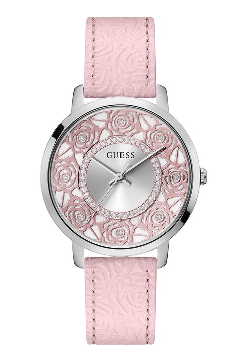 Guess, Ceas de otel inoxidabil decorat cu cristale, Argintiu, Roz