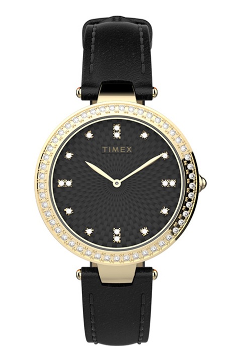 Timex, Часовник с две стрелки и кожена каишка, Златист, Черен