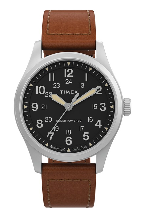 Timex, Часовник с кожена каишка, Сребрист, Кафяв