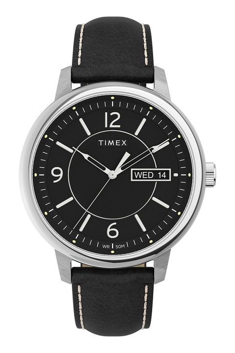 Timex, Аналогов часовник с кожена каишка, Сребрист, Черен