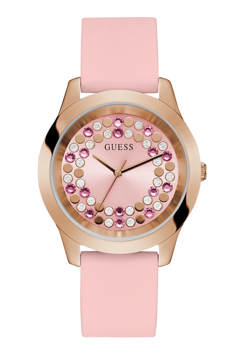 Guess, Часовник с кристали и силиконова каишка, Rose Gold, Розов