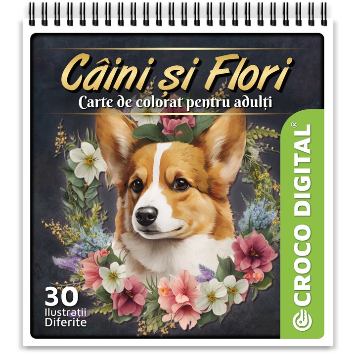 Carte de colorat pentru adulti, Caini si Flori, 30 Mandale Antistres cu Caini, 66 pagini, 2023