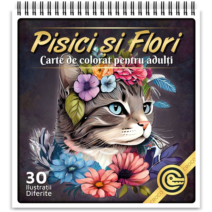 Carte de colorat antistres pentru adulti, Pisici si Flori, 30 Mandale Antistres cu Pisici, 66 pagini, 2023