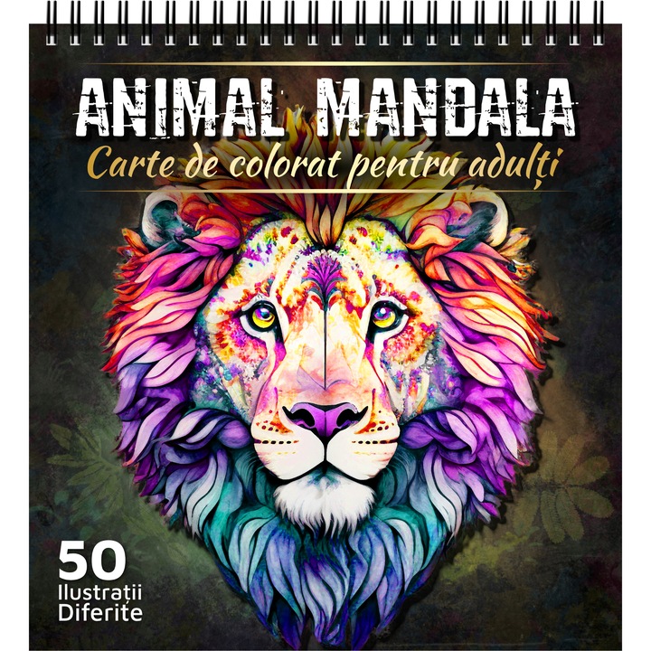 Carte de colorat pentru adulti, Animal Mandala, 50 Mandale Antistres cu Animale, 106 pagini, 2023