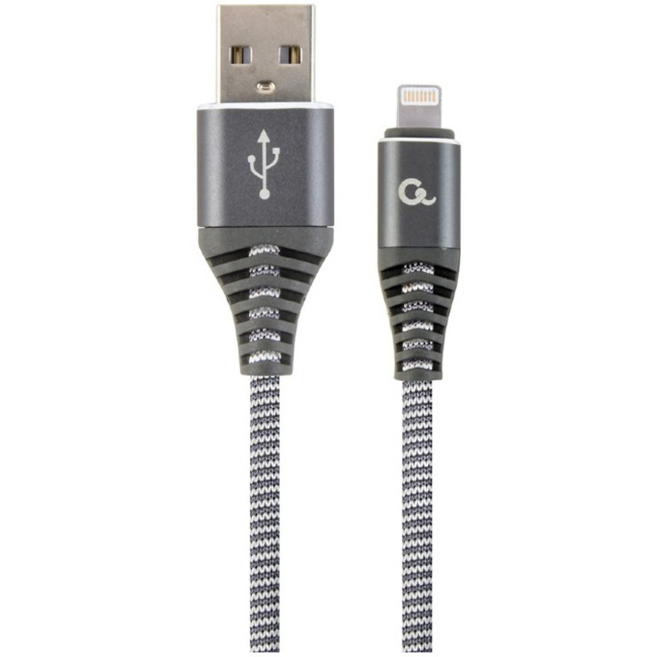 Кабел за захранване и данни на Gembird, USB 2.0 (T) към Lightning (T), 2 м, сив / бял, CC-USB2B-AMLM-2M-WB2