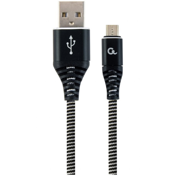 Кабел за зареждане и данни Gembird, USB 2.0 (T) към Micro-USB 2.0 (T), 2 м, Черен/Бял CC-USB2B-AMmBM-2M-BW