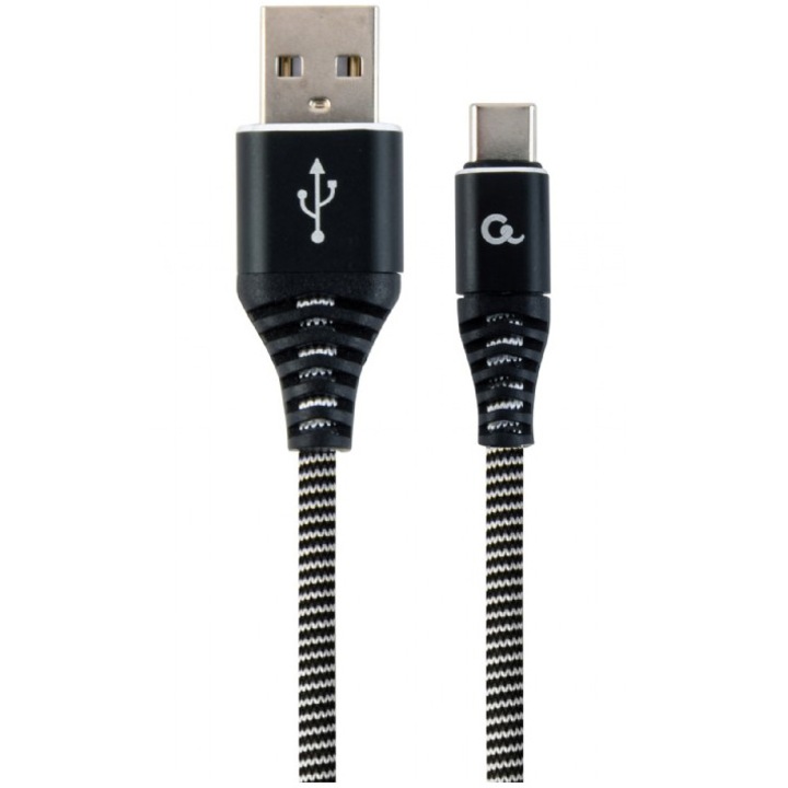 Кабел за захранване и данни на Gembird, USB 2.0 (T) към USB 2.0 Type-C (T), 2 м, черен / бял, CC-USB2B-AMCM-2M-BW