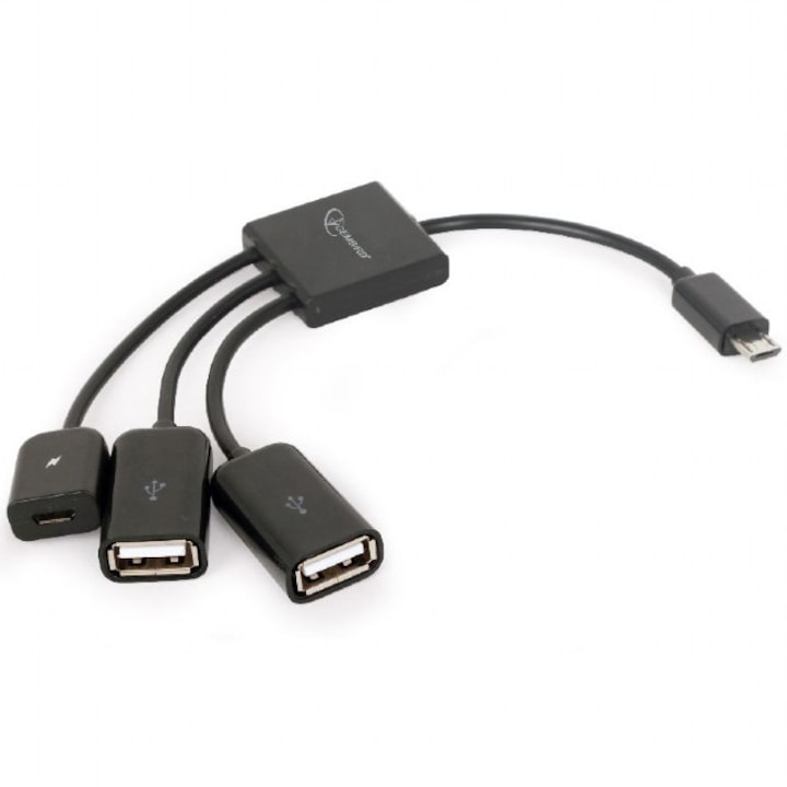 Gembird OTG adapterkábel, Micro-USB 2.0 (T) - Micro-USB 2.0 (M) + USB 2.0 (M) x 2, 13 cm, fekete, UHB-OTG-02