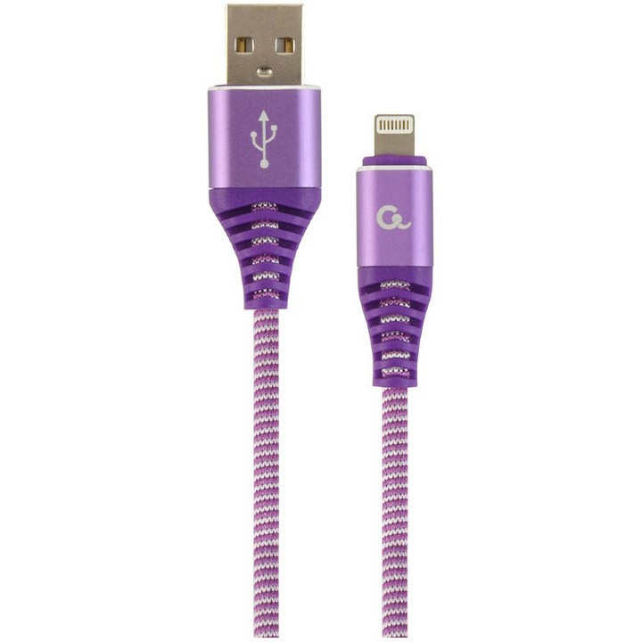 Кабел за захранване и пренос на данни Gembird, USB 2.0 (T) към Lightning (T), 2 м, лилав / бял, CC-USB2B-AMLM-2M-PW