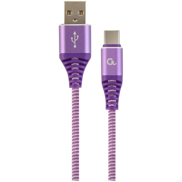 Кабел за захранване и данни на Gembird, USB 2.0 (T) към USB 2.0 Type-C (T), 2 м, лилав / бял, CC-USB2B-AMCM-2M-PW