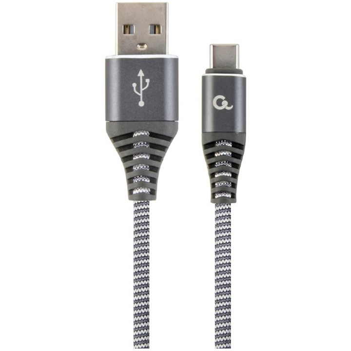 Кабел за зареждане и данни Gembird, USB 2.0 (T) към USB 2.0 Type-C (T), 2 м, Сив/Бял, CC-USB2B-AMCM-2M-WB2