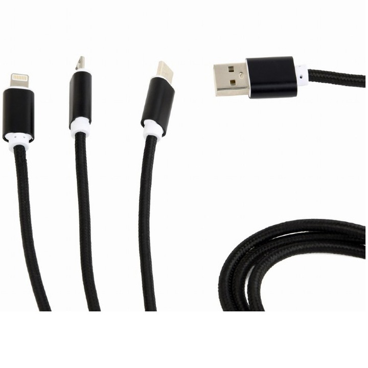 Cablu alimentare si date Gembird USB 2.0 (T) la tip Lightning (T) + Micro-USB 2.0 (T) + USB 2.0 Type-C (T), 1m, Negru, CC-USB2-AM31-1M