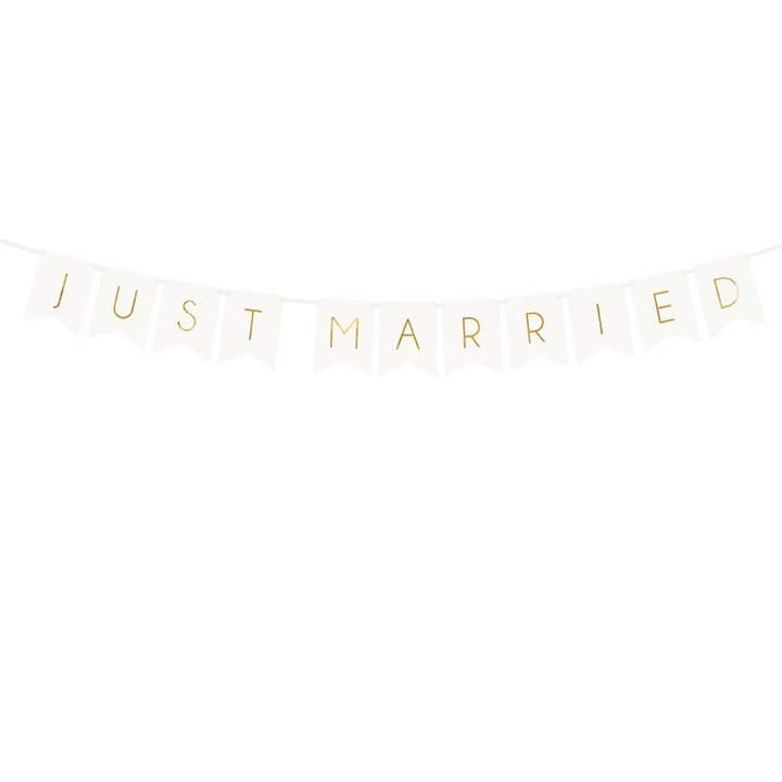 Банер с послание Just Married, PartyDeco, 15 x 155 см, Бял/Златист