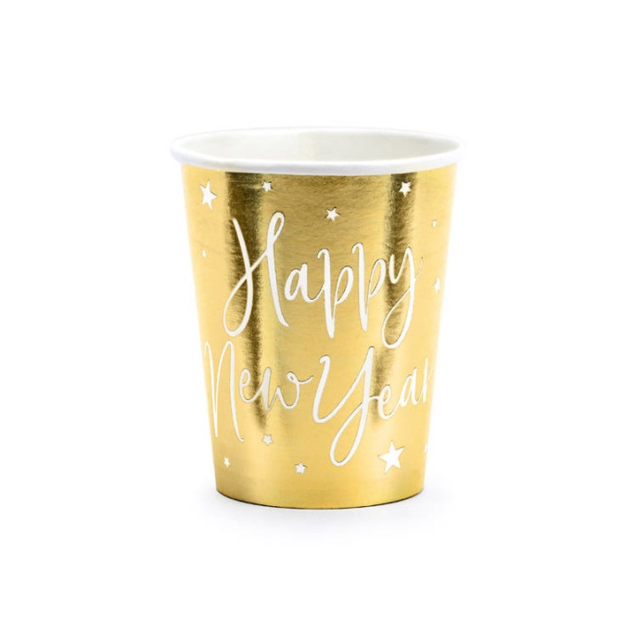 Set pahare Happy New Year, PartyDeco, auriu, 220ml, 6 bucati