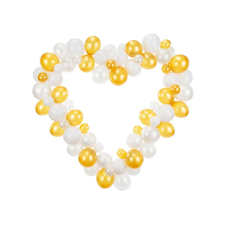 Гирлянд от балони, PartyDeco, Модел Сърце, 160 см, Бяло/Златно