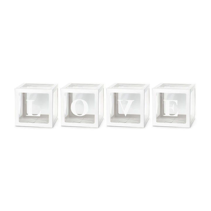 Комплект от 4 кутии за декорации, PartyDeco, 30 x 30 см, бели/прозрачни
