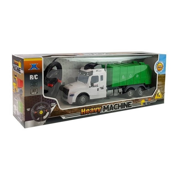 Camion de reciclare, LEAN Toys, Telecomanda automata, Plastic, Alb/Verde, 3 ani +