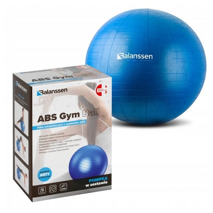 Minge pentru exercitii gimnastica Balanssen 85 cm cu pompa manuala Albastru, fitness, pilates, recuperare medicala, antrenament acasa, stretching, tonifiere muschi, echilibru, sanatate
