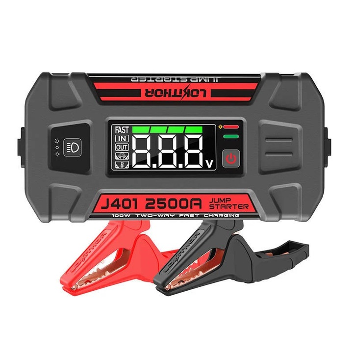 Redresor auto Lokithor J401 Starter, cu clesti pentru pornire motor diesel sau benzina, 2500A, USB/USB-C, functie de powerbank si lanterna, Negru