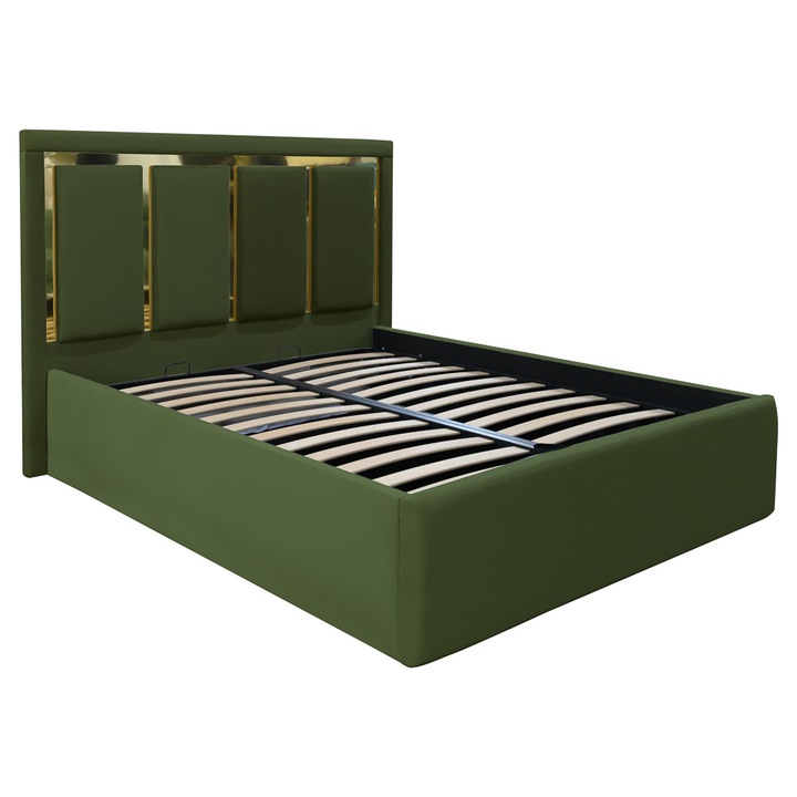 Pat dublu tapitat New York cu benzi aurii, 200/200, kaki, cu somiera metalica rabatabila si spatiu de depozitare