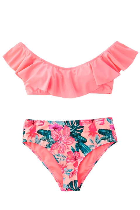 Дамски бански JUP LPP XT631-30X-S 5-7, 2 части, Драпирано горнище, Долна част с цветя, Розов, S