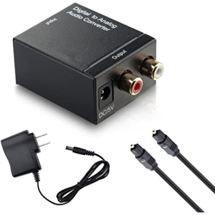 Convertor Audio Digital Coaxial la Analog RCA, Cablu cu Fibra Optica si Alimentator Inclus, Negru