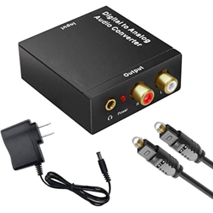 Convertor Audio Digital Coaxial la Analog RCA + Jack, Cablu cu Fibra Optica si Alimentator Inclus, Negru
