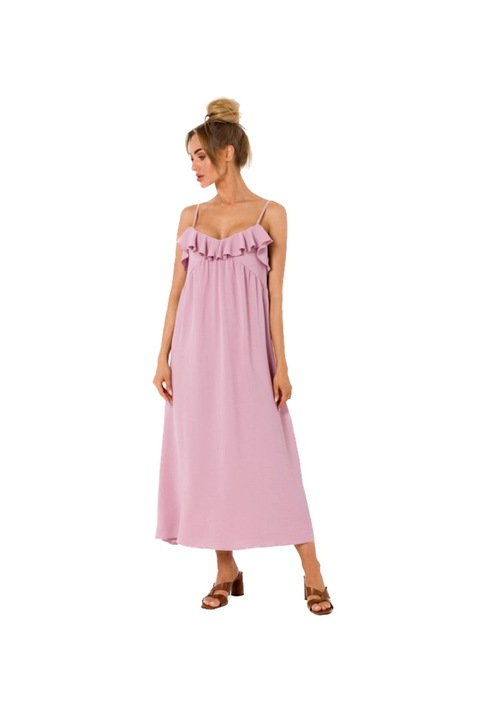 Rochie midi evazata cu bretele subtiri si volane, MOE, Rózsaszín