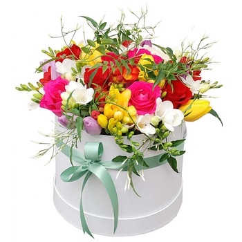 Aranjament Primavara in cutie, Floraria Amazon, frezii, trandafiri, lalele, multicolor Aranjament Primavara in cutie, Floraria Amazon, frezii, trandafiri, lalele, multicolor