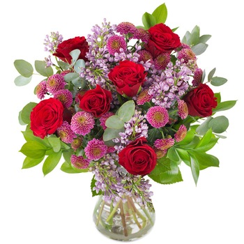 Buchet Florentina, Floraria Amazon, liliac, trandafiri, mov si rosu Buchet Florentina, Floraria Amazon, liliac, trandafiri, mov si rosu