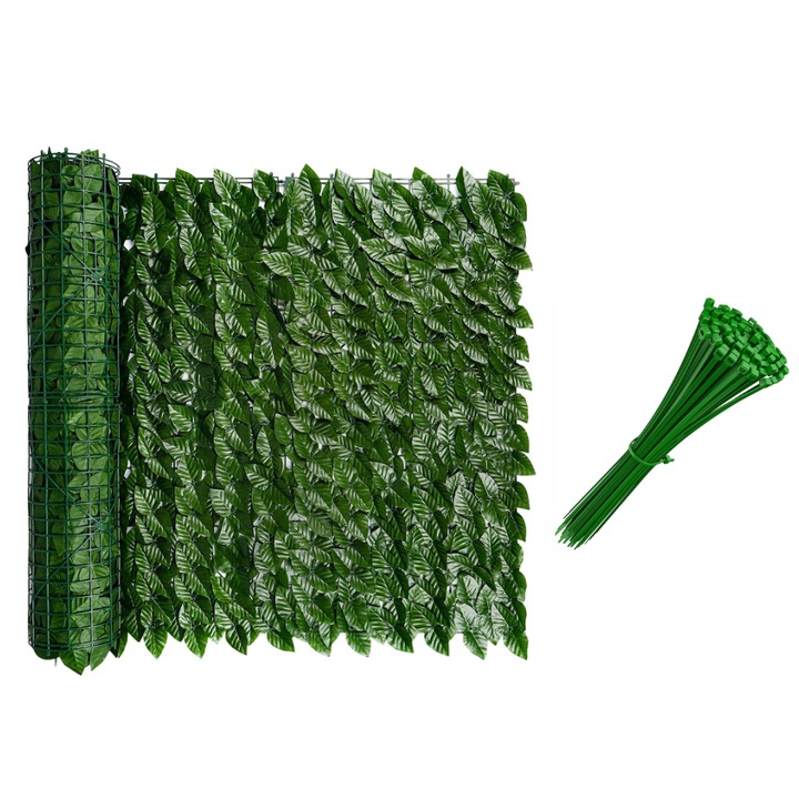 Set Rulou Artificial de Gard Viu din PE Anti-UV, 300x100 cm, Frunze Verde Inchis si 50 Soricei Verzi