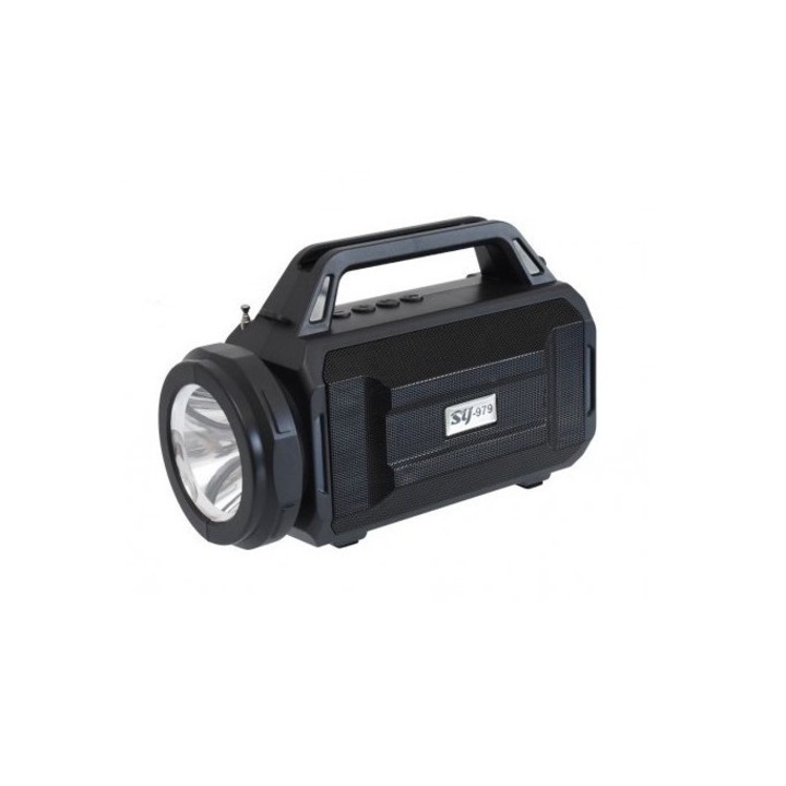Lanterna LED Reincarcabila cu Panou Solar, Radio, Bluetooth, Cititor de carduri TF, Acumulatori Li-ion 18650 Incorporati, Culoare Negru