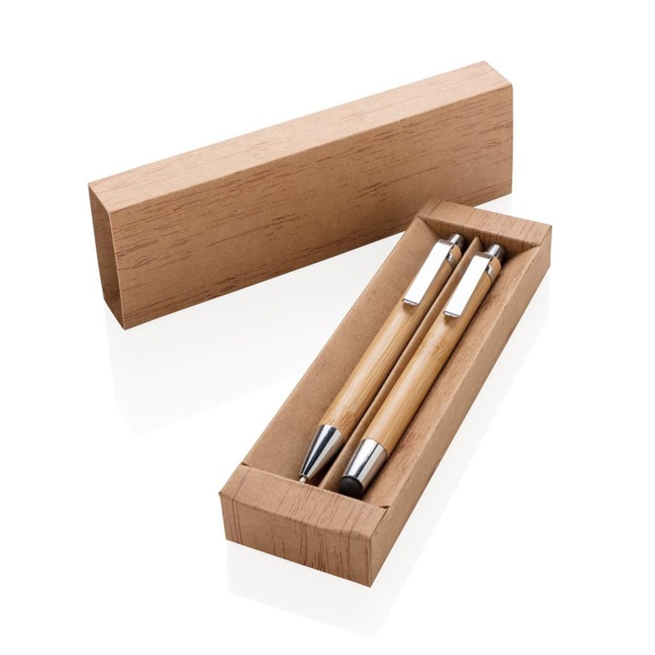Комплект Ronic Bamboo, 1 химикалка със синьо мастило и сензорна функция, 1 молив, Кафяв, 17 см, 18 г