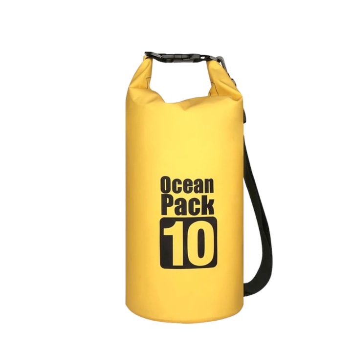 Rucsac impermeabil de tip drybag, Tecos, capacitate 10 L, galben, pentru activitati in exterior