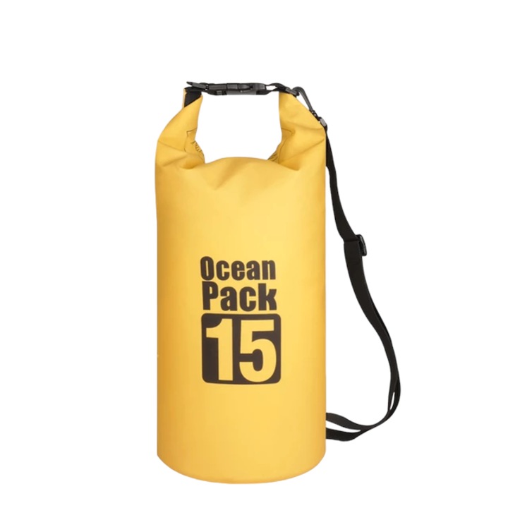 Rucsac impermeabil de tip drybag, Tecos, capacitate 15 L, galben, pentru activitati de exterior