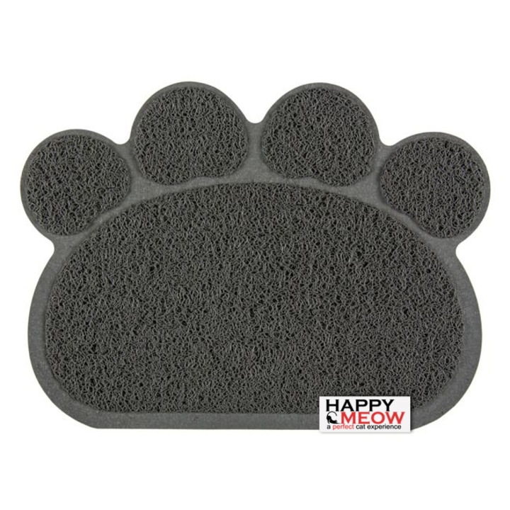 Covoras forma labuta Happy Meow pentru litiera sau boluri de hrana, 40×30cm, Antiderapant, Cauciuc siliconat, Gri