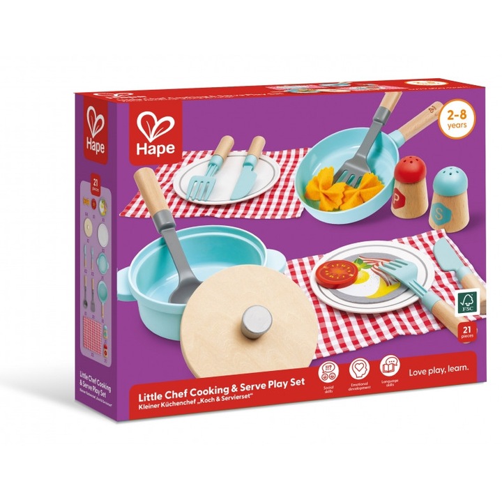 Дървен комплект за готвене и сервиране, Hape, 21 части