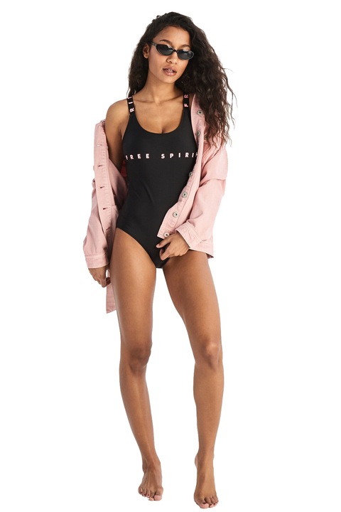 Női egyrészes fürdőruha JUP LPP VK029-30X, keresztpántos, szlogen FREE SPIRIT, Fekete